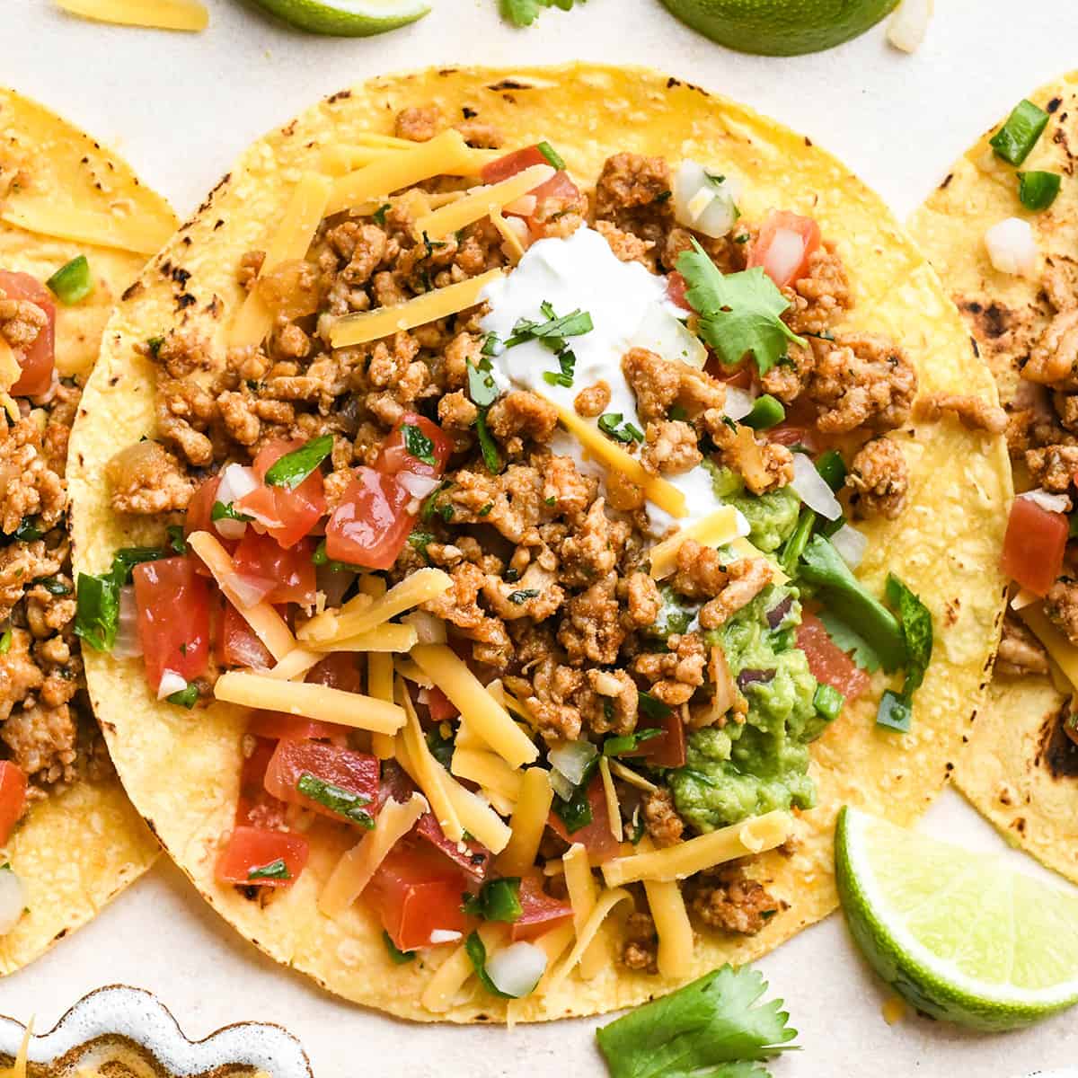 overhead photo of Ground Chicken Tacos in corn tortillas