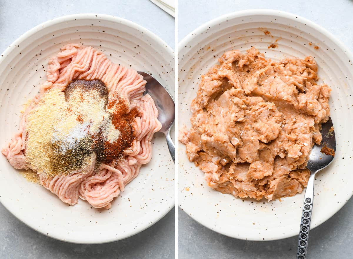 two photos showing how to make chicken burger patties