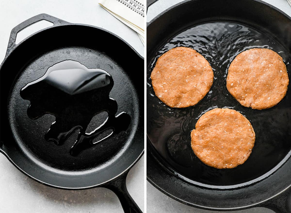 two photos showing how to cook Chicken Burgers in a cast iron skillet