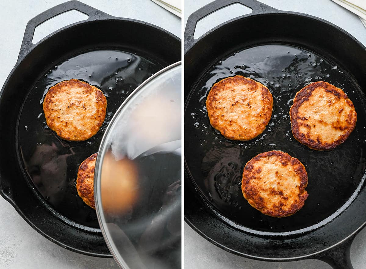 two photos showing how to cook Chicken Burgers in a cast iron skillet