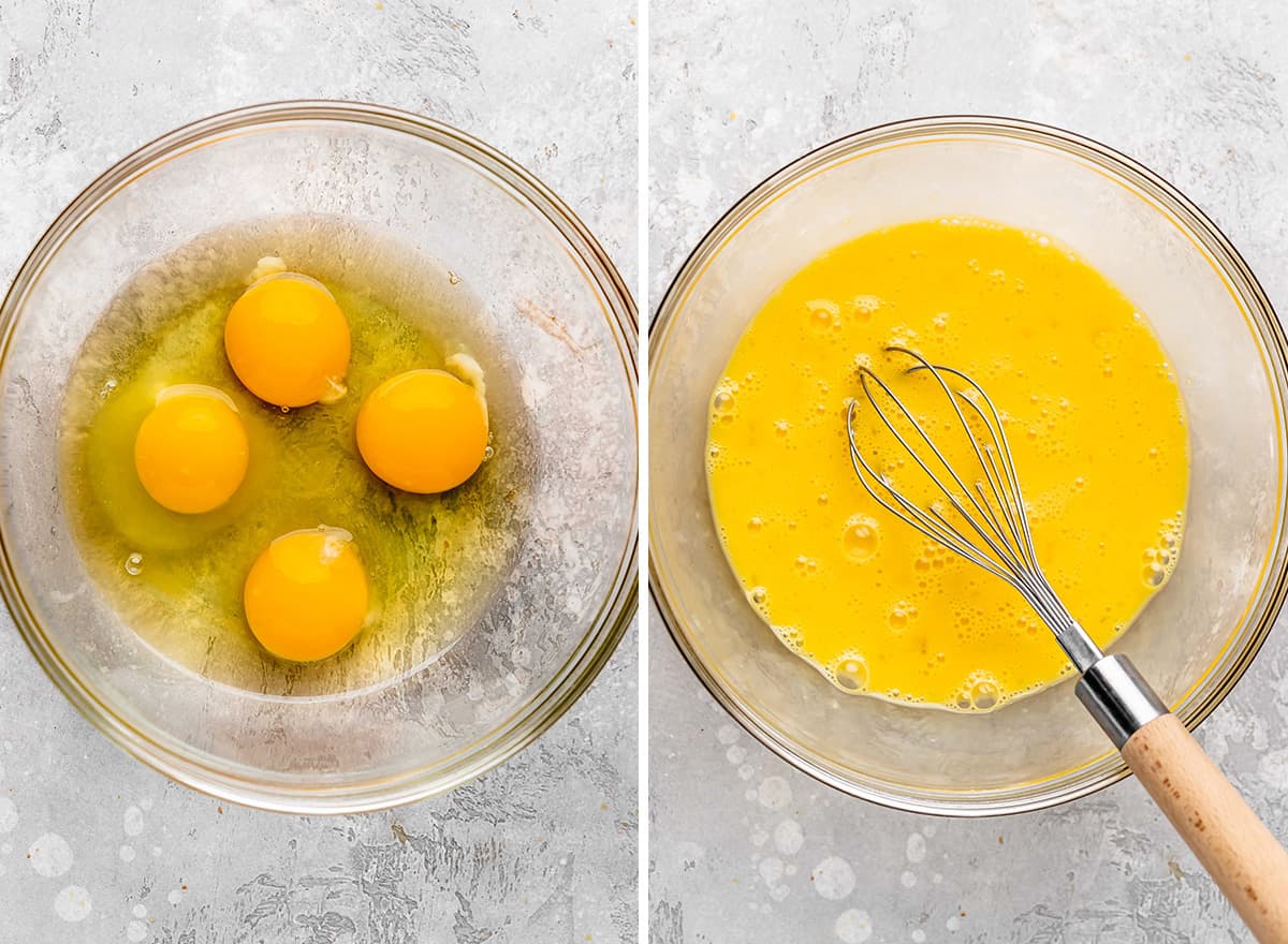 two photos showing How to Make French Toast - whisking eggs