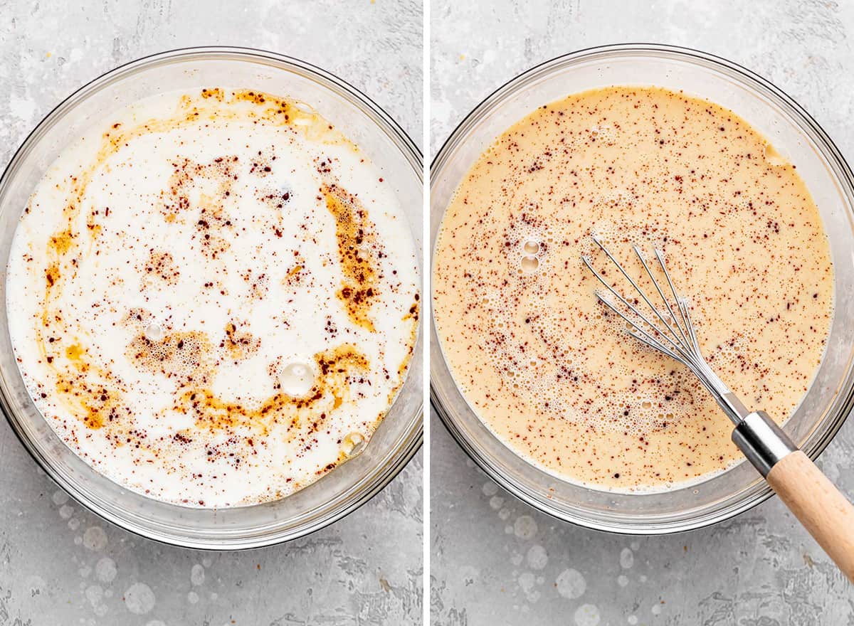two photos showing How to Make French Toast - whisking milk into egg mixture