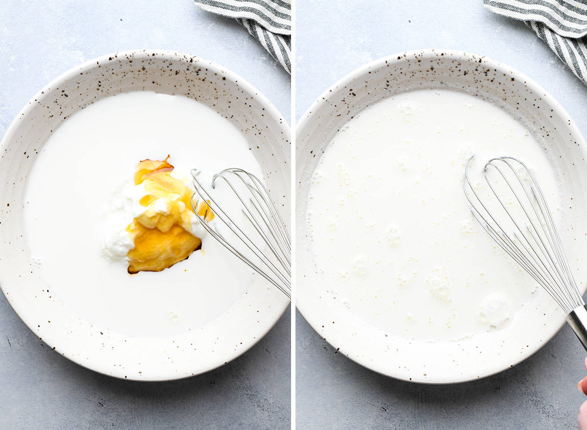 deux photos montrant comment préparer des Overnight Oats - fouetter le lait, le yaourt et le miel.