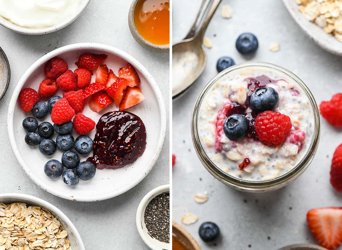 two photos showing overnight oats flavors - berry