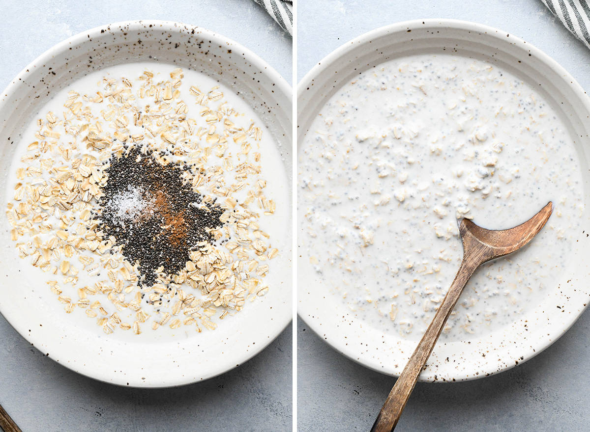 deux photos montrant comment préparer des Overnight Oats - ajouter les flocons d’avoine, les graines de chia, le sel et la cannelle.