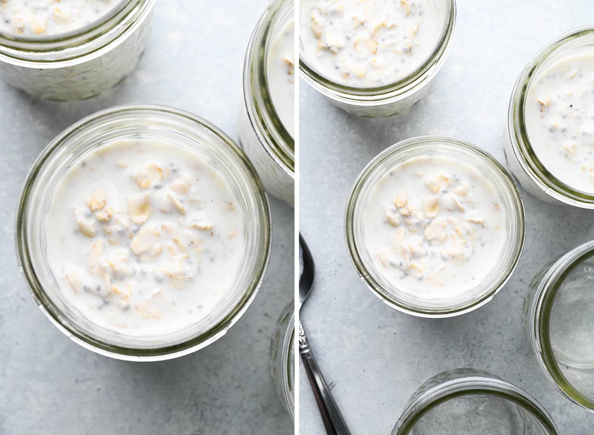 deux photos montrant comment préparer des Overnight Oats - verser dans des bocaux