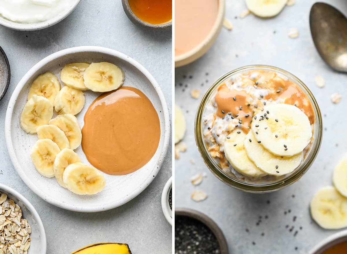 two photos showing overnight oats flavors - peanut butter and banana