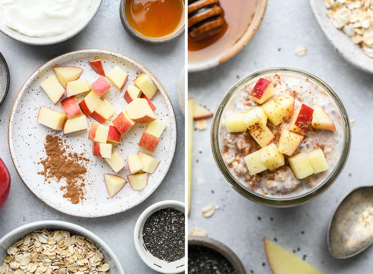 two photos showing overnight oats flavors - apple cinnamon