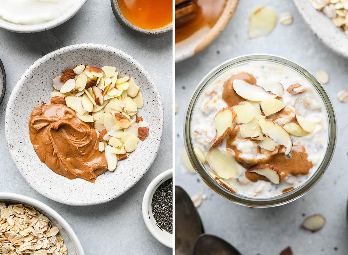 two photos showing overnight oats flavors - almond