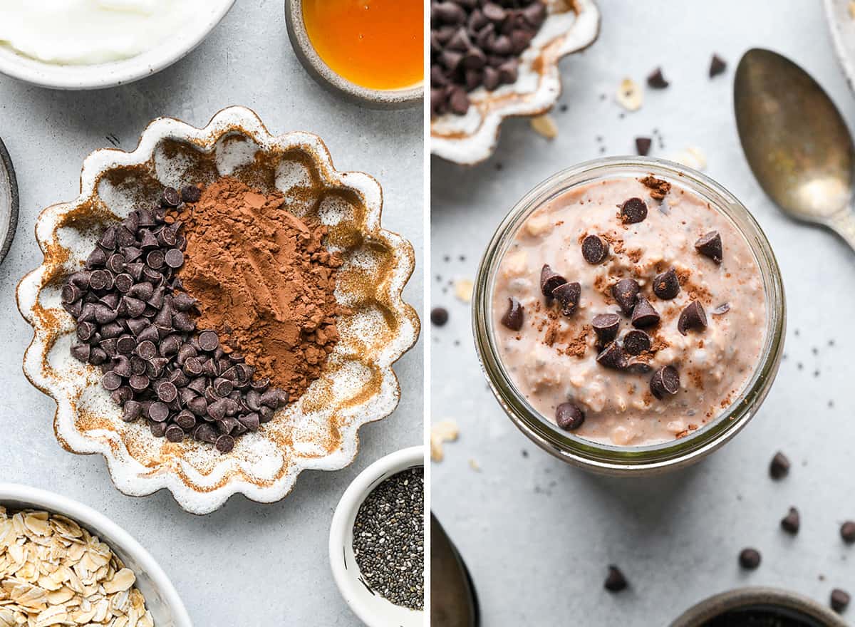 two photos showing overnight oats flavors - chocolate