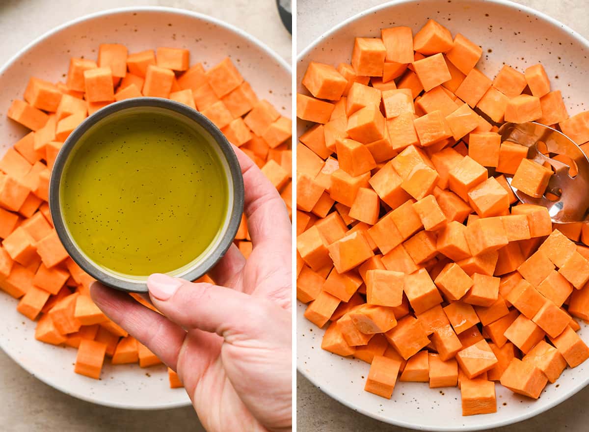 two photos showing How to Roast Sweet Potatoes - adding olive oil