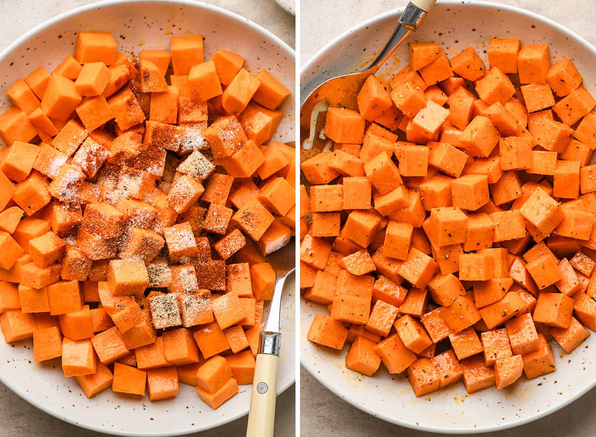 two photos showing How to Roast Sweet Potatoes - adding spice mixture