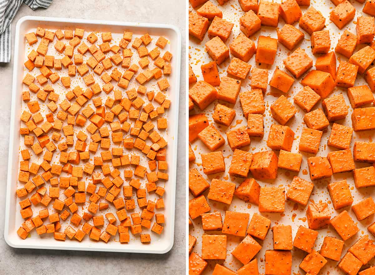 two photos showing How to Roast Sweet Potatoes - spreading into an even layer on a baking sheet