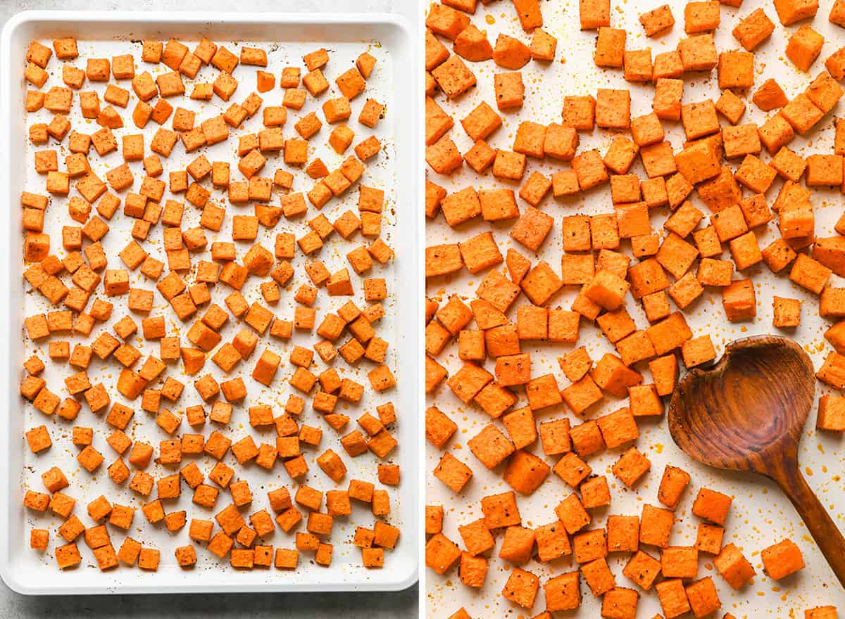 two photos showing How to Roast Sweet Potatoes - stirring halfway through roasting