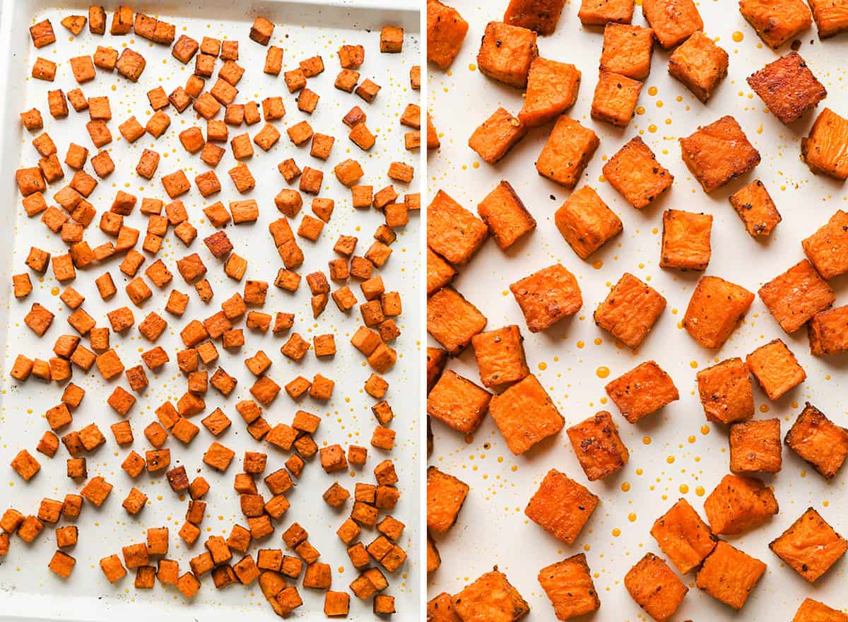 two photos showing roasted sweet potatoes on a baking sheet