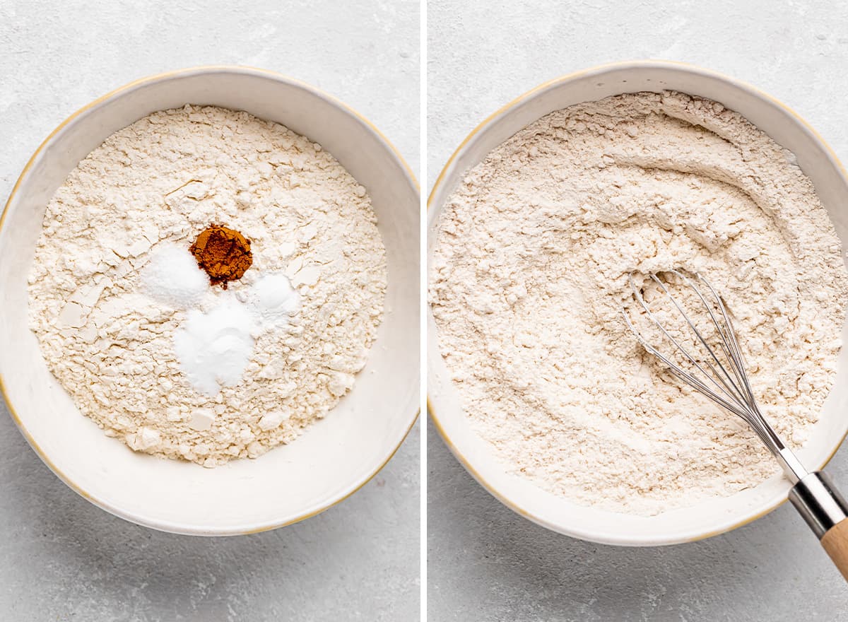 two photos showing mixing together dry ingredients to make Maple Cookies