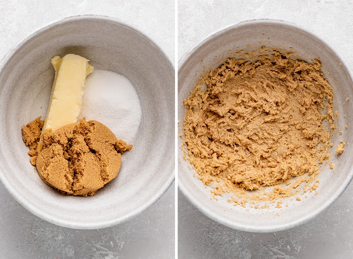 two photos showing beating butter and sugar together to make Maple Cookies