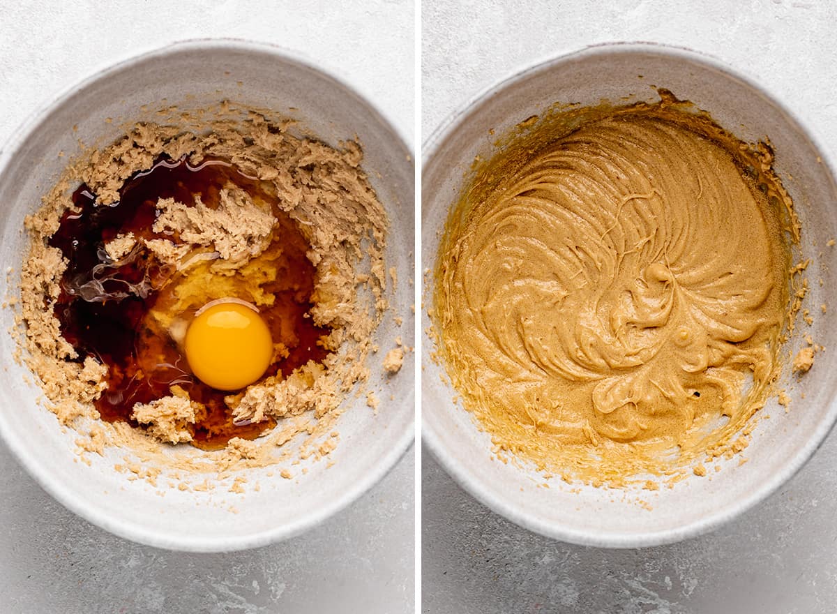 two photos showing how to make Maple Cookies - adding maple syrup, vanilla, maple extract and egg