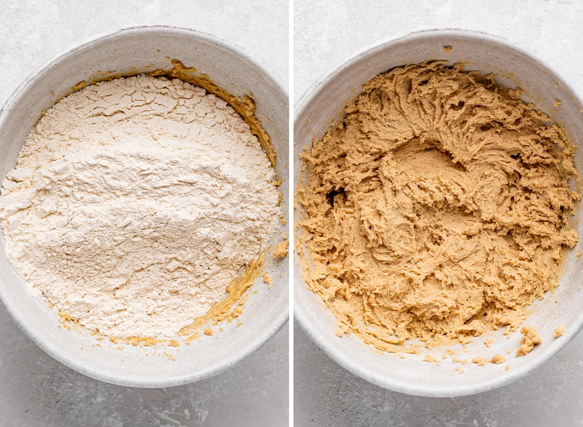 two photos showing how to make Maple Cookies - combining wet and dry ingredients 