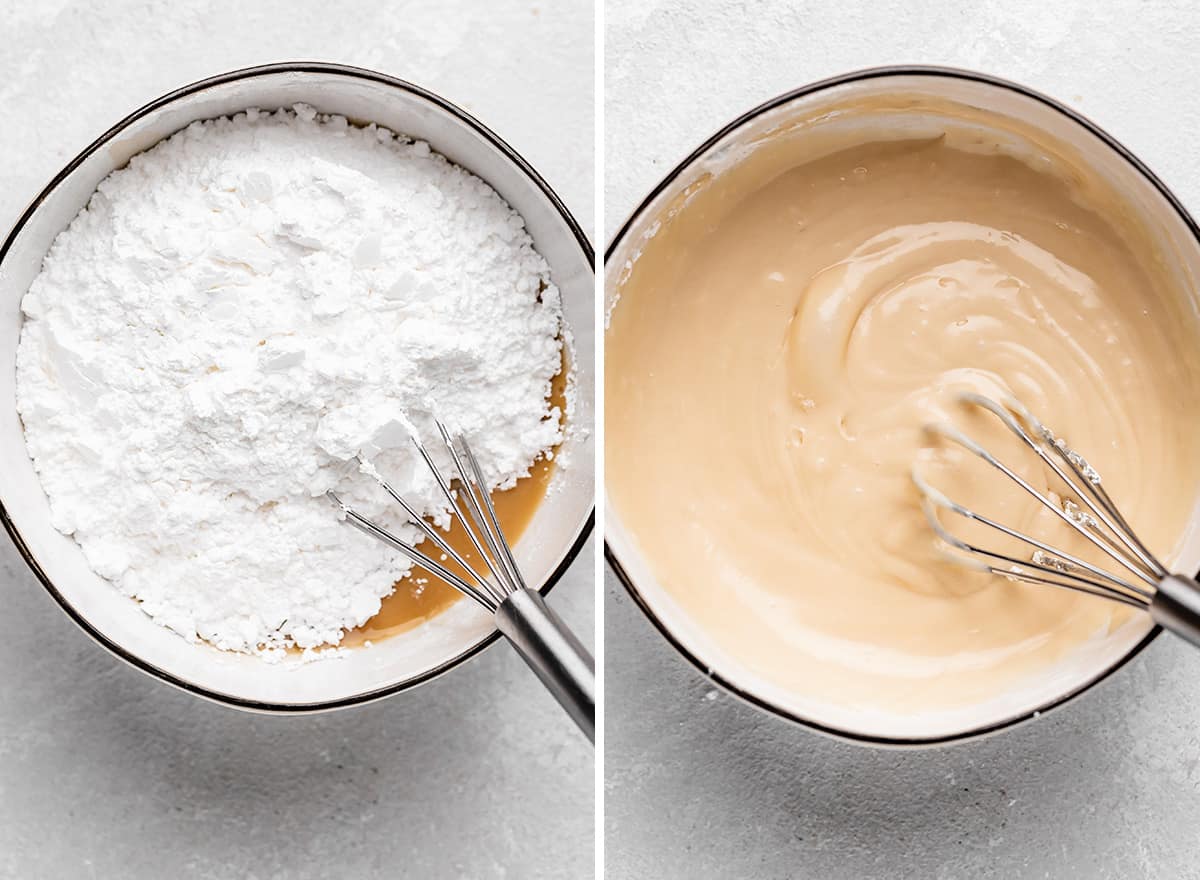 two photos showing how to make maple glaze for Maple Cookies 