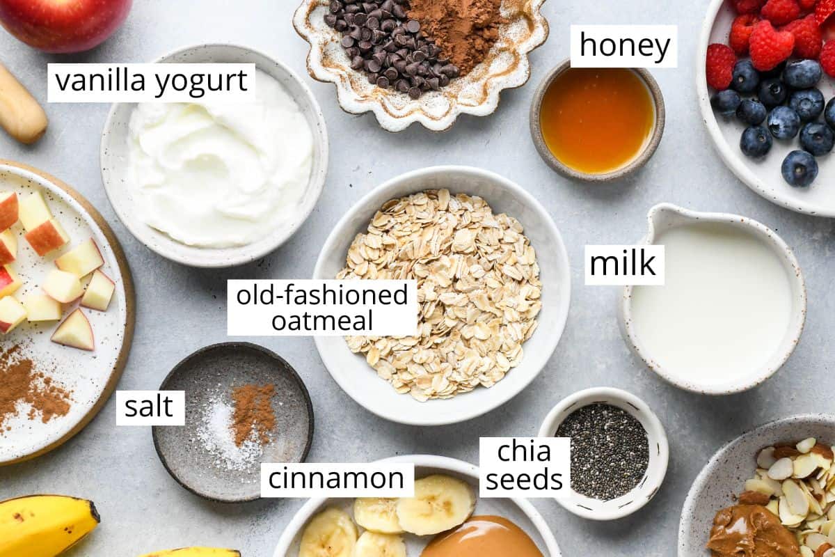 overhead photo of the labeled ingredients in this Overnight Oats recipe