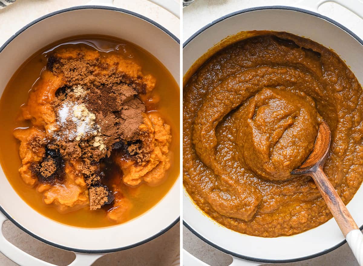 deux photos montrant comment faire du beurre de citrouille sur la cuisinière