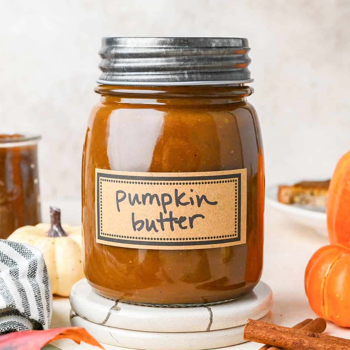 Pumpkin Butter in a glass jar labeled "Pumpkin Butter"