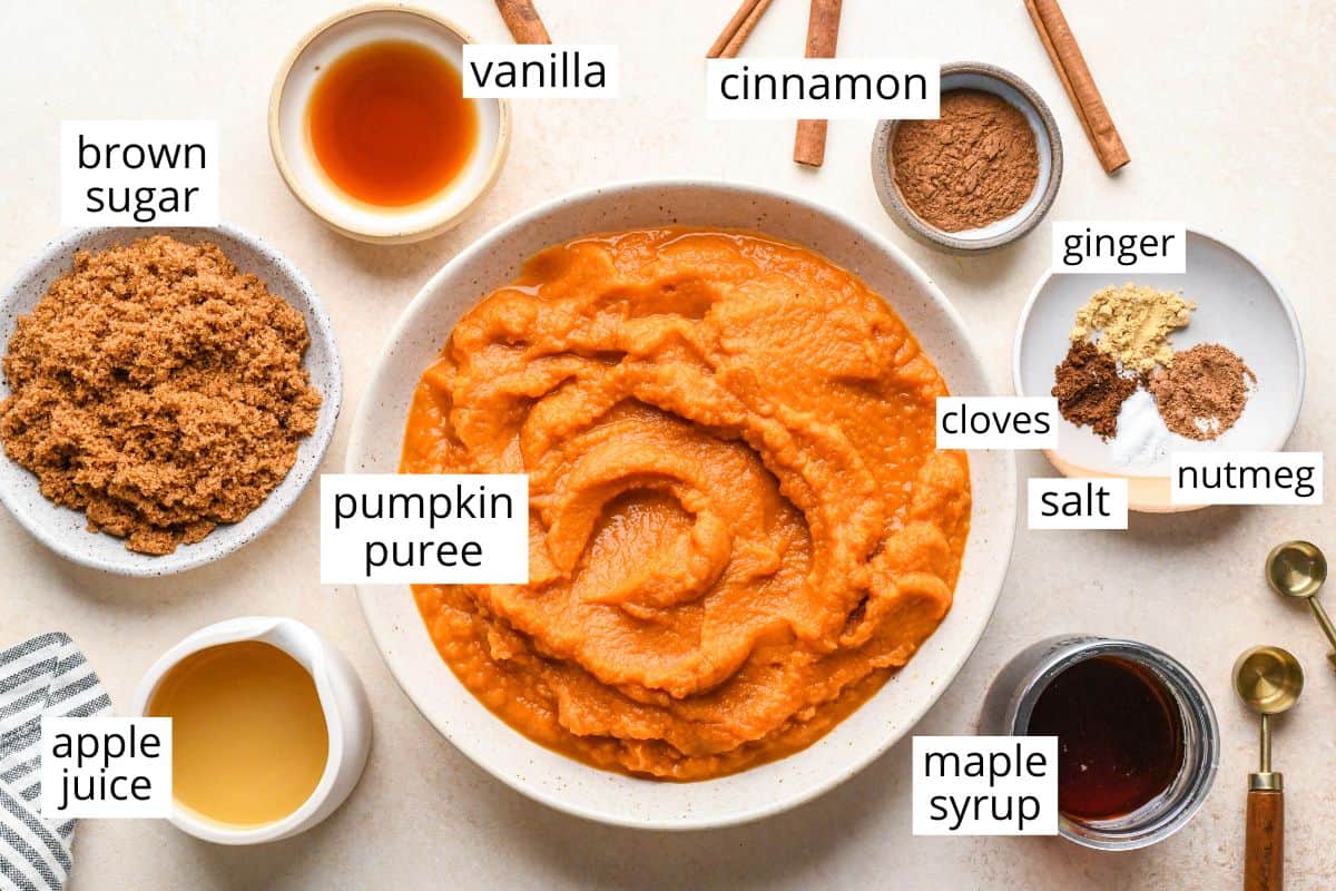 overhead photo of the ingredients in this Pumpkin Butter recipe