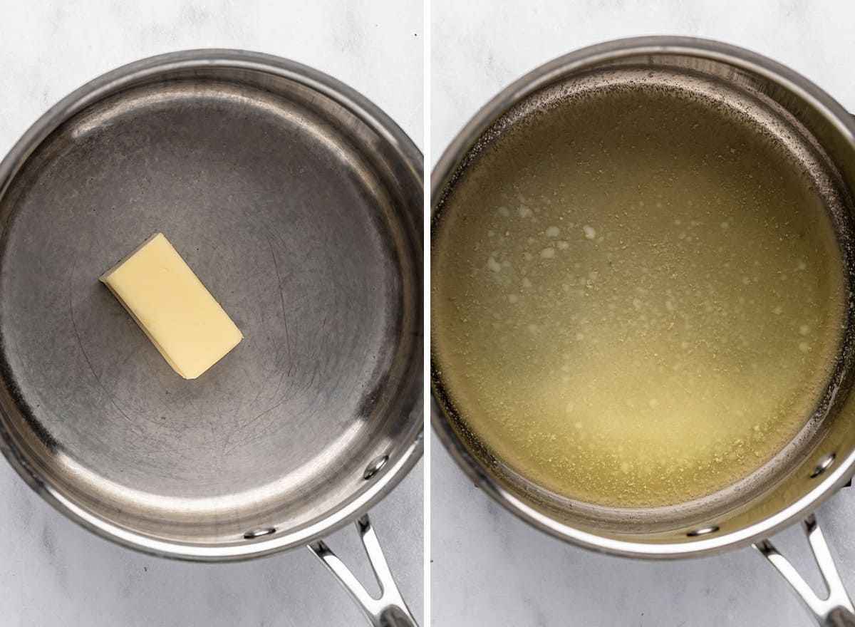 two photos showing how to make a Rice Crispy Cake - melting butter