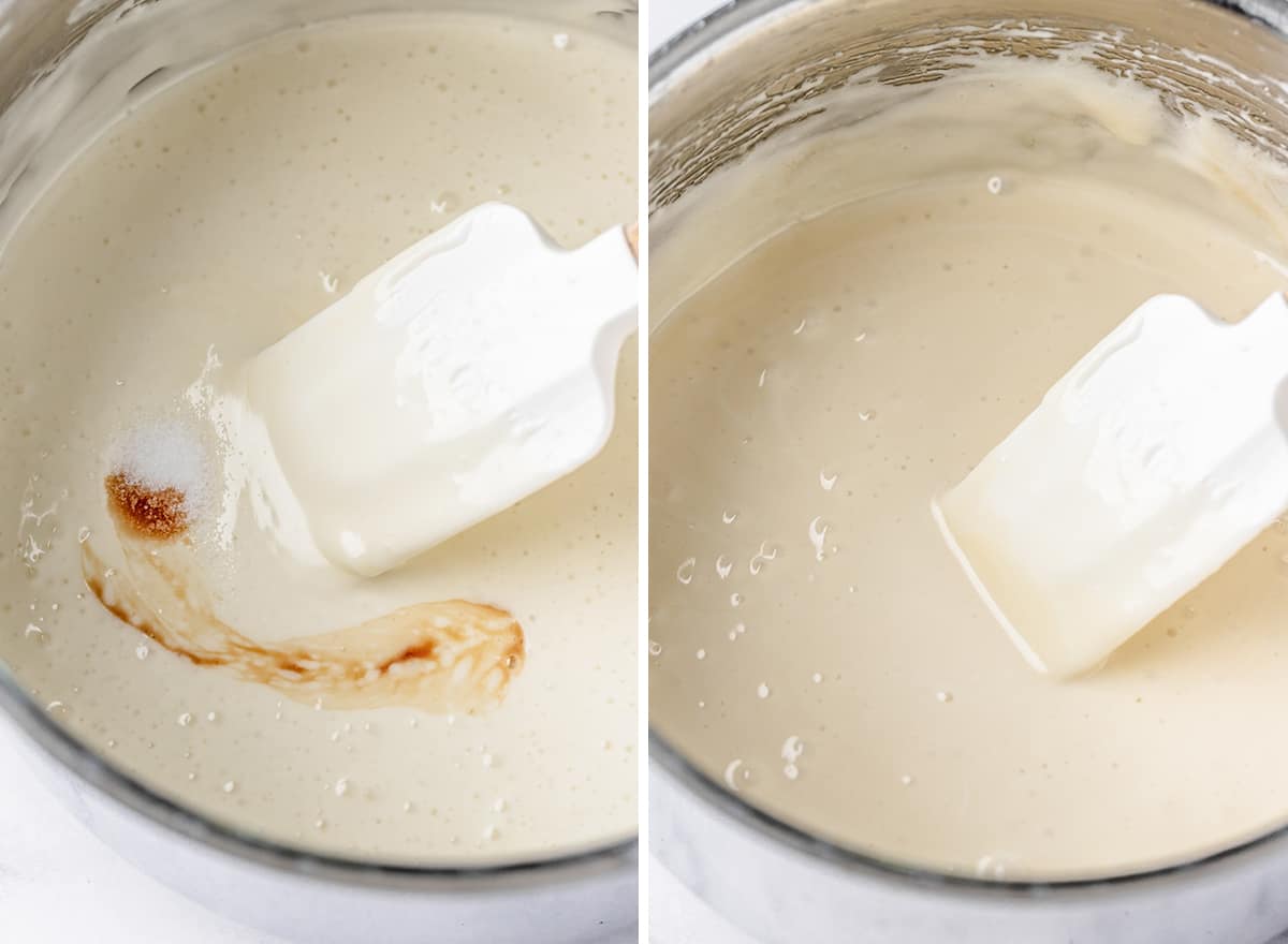two photos showing how to make a Rice Crispy Cake - adding vanilla and salt
