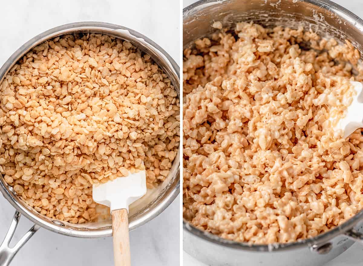 two photos showing how to make a Rice Crispy Cake - stirring in cereal