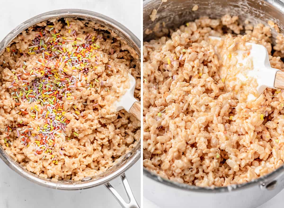 two photos showing how to make a Rice Crispy Cake - mixing in sprinkles