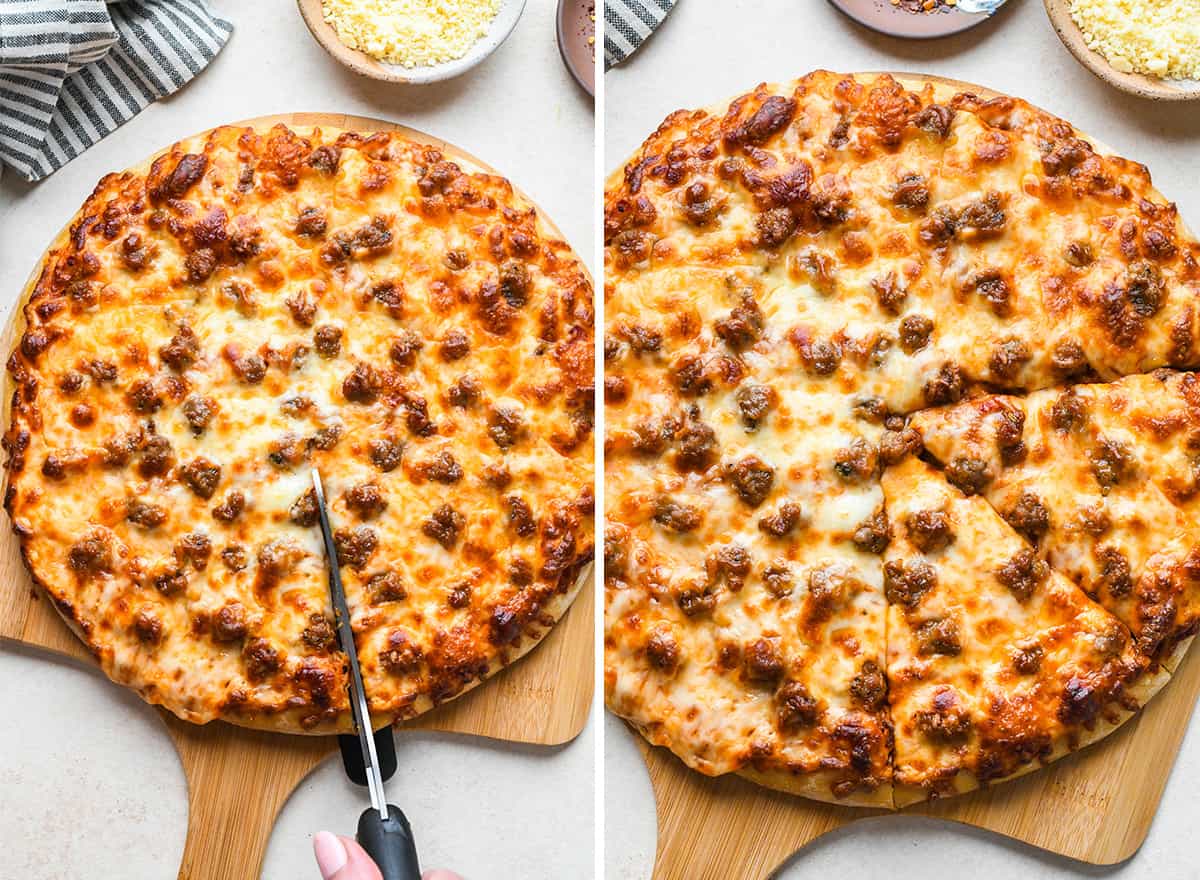 two photos showing how to cut a Sausage Pizza with pizza scissors