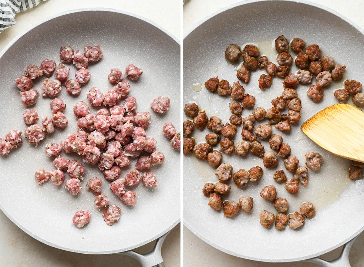 two photos showing how to cook sausage for Sausage Pizza