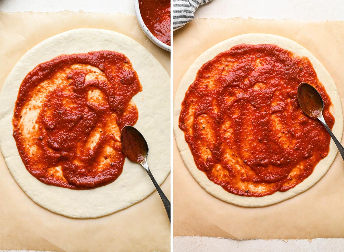 two photos showing spreading sauce on pizza dough to make Sausage Pizza