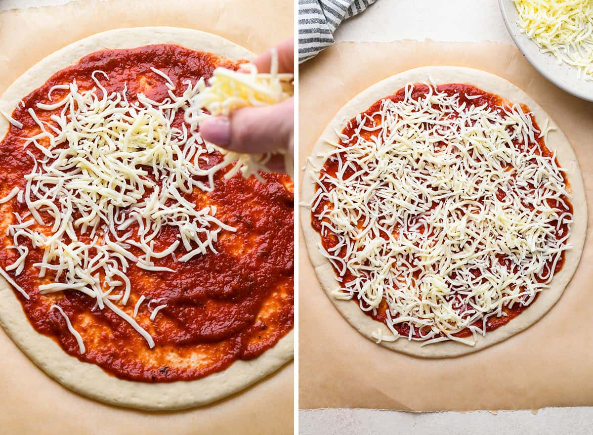 two photos showing sprinkling the first layer of cheese on a Sausage Pizza