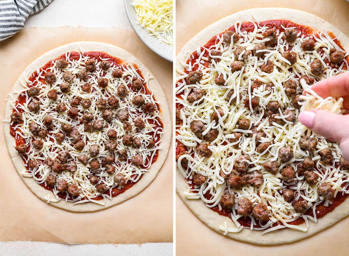 two photos showing adding sausage and additional cheese to Sausage Pizza