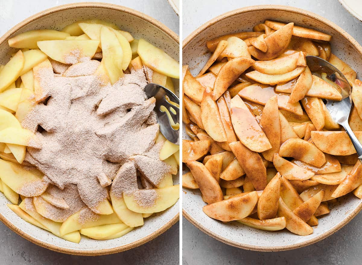 two photos showing how to make Apple Crumb Pie filling