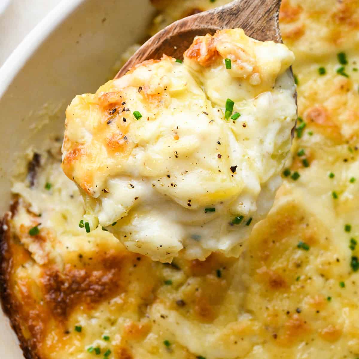 a wooden spoon scooping Scalloped Potatoes out of a baking dish