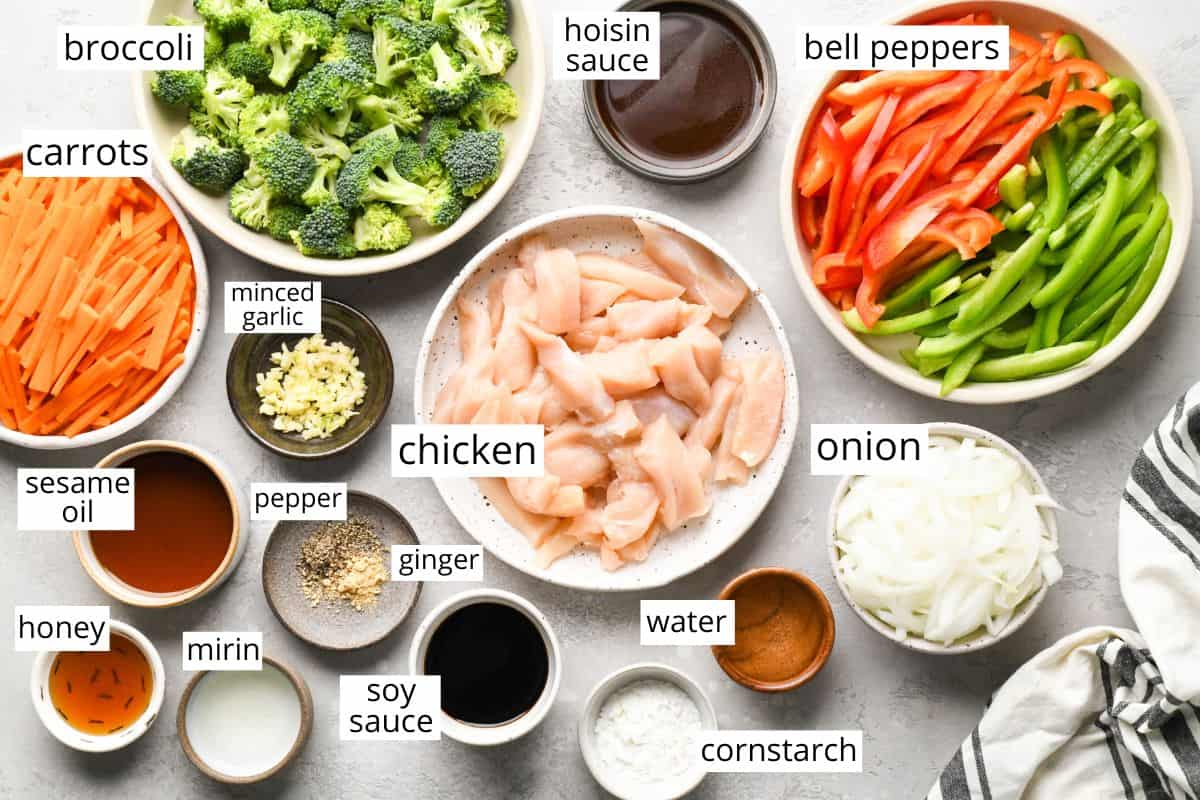 overhead photo of the labeled ingredients in this Chicken Stir Fry recipe