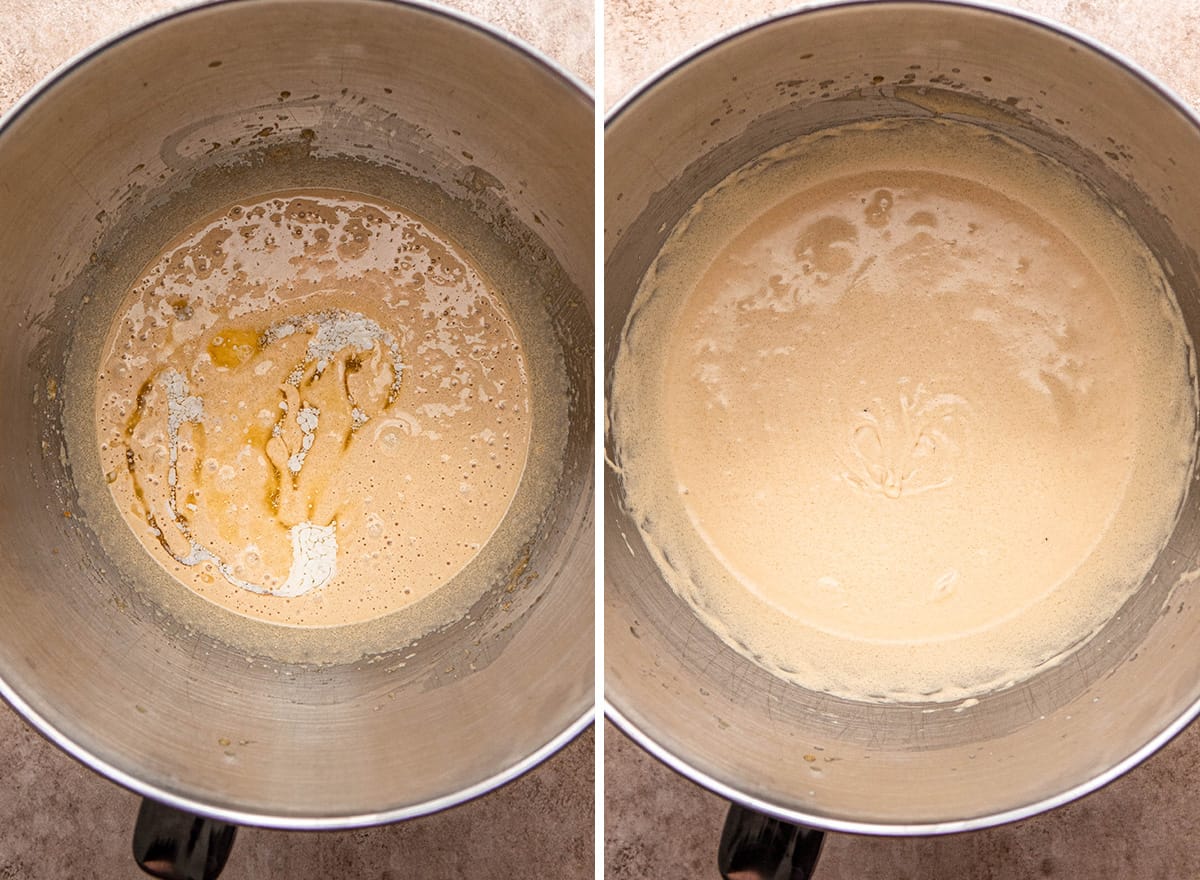 two photos showing how to make cookie pie - adding butter 
