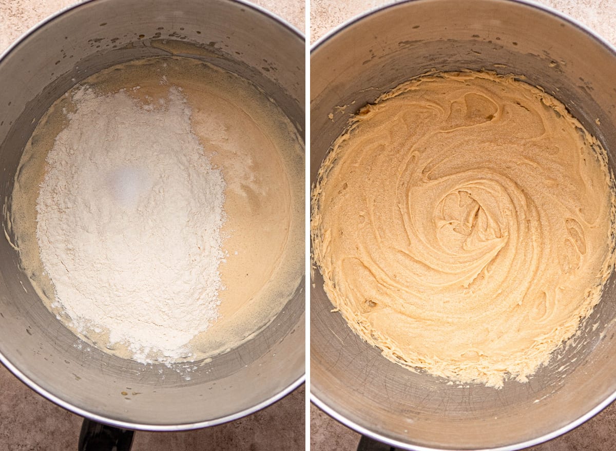 two photos showing how to make cookie pie - adding dry ingredients to the wet ingredients