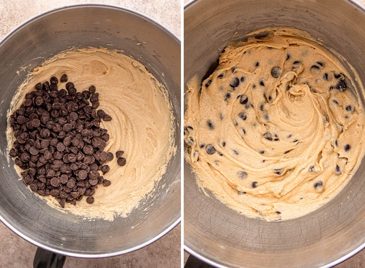two photos showing how to make cookie pie - stirring in chocolate chips