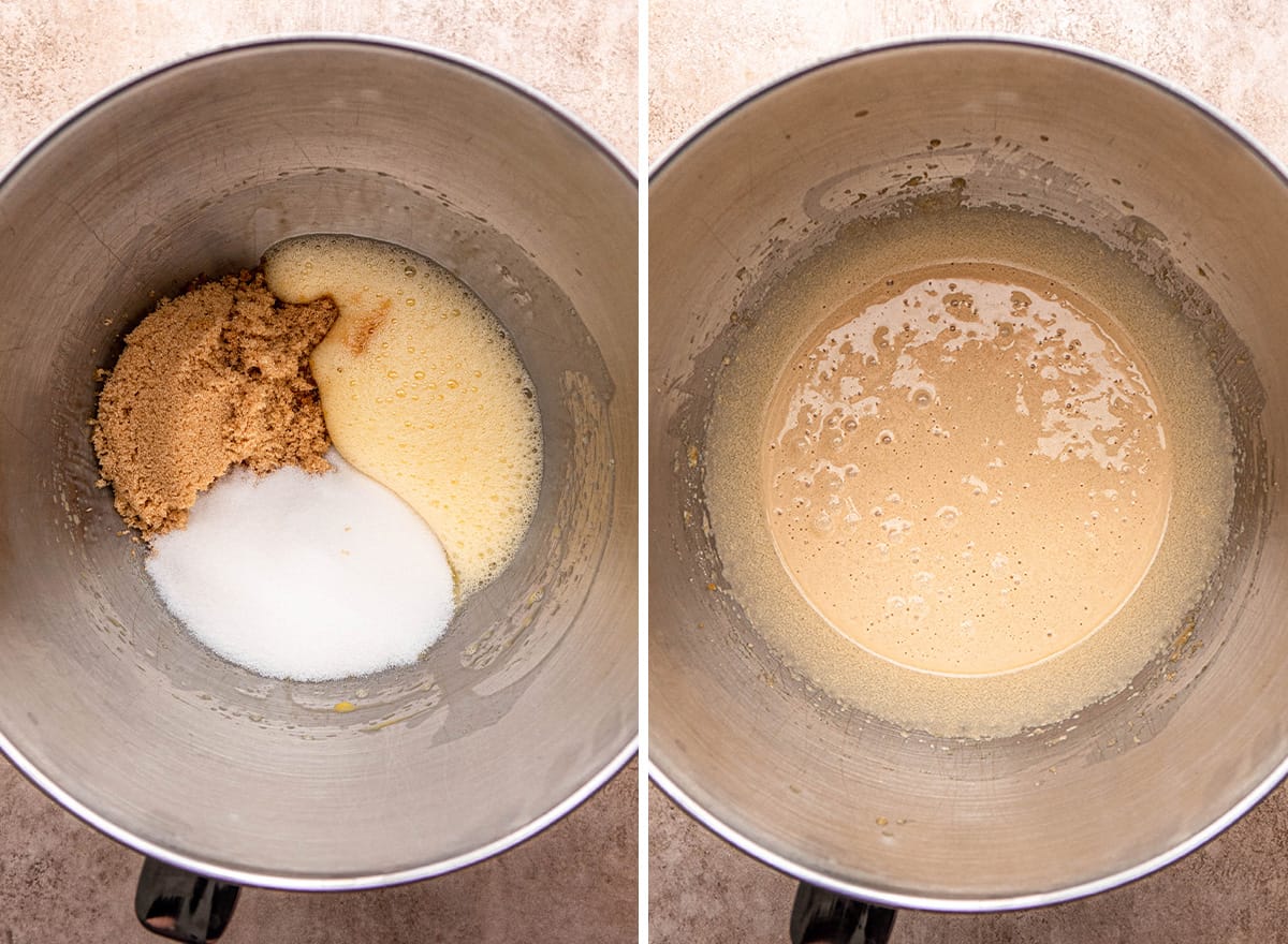 two photos showing how to make cookie pie - adding brown and white sugar