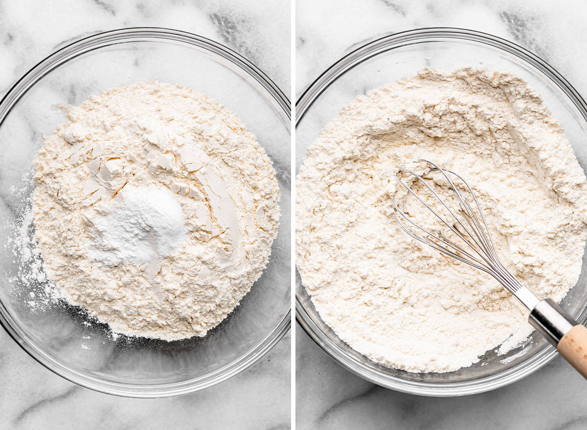 two photos showing mixing dry ingredients to make walnut chocolate chip cookies