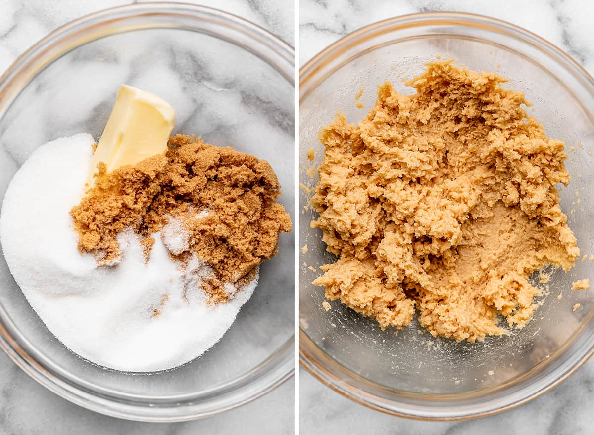 two photos showing how to make Chocolate Chip Walnut Cookies - creaming butter and sugars together