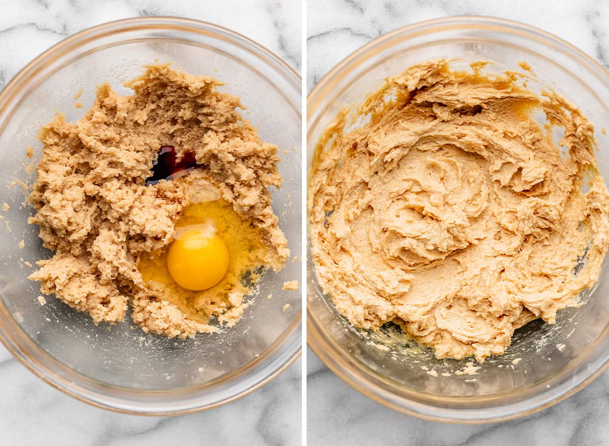 two photos showing how to make Chocolate Chip Walnut Cookies - adding egg and vanilla