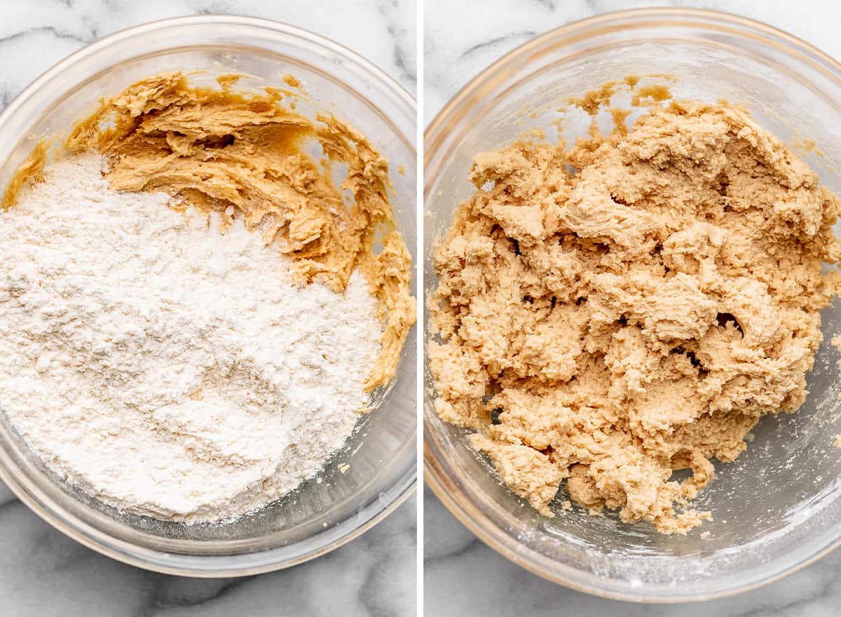 two photos showing how to make Chocolate Chip Walnut Cookies - adding dry ingredients