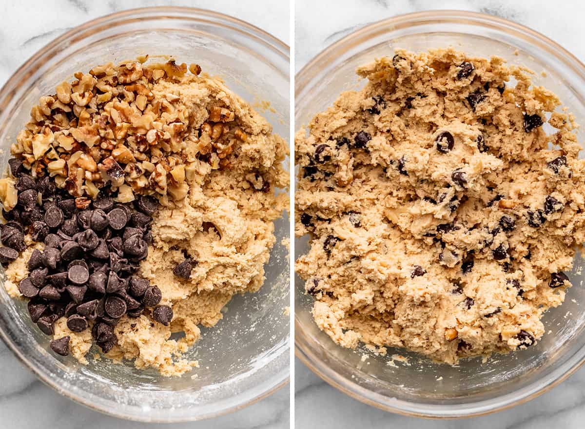 two photos showing how to make Chocolate Chip Walnut Cookies - adding walnuts and chocolate chips