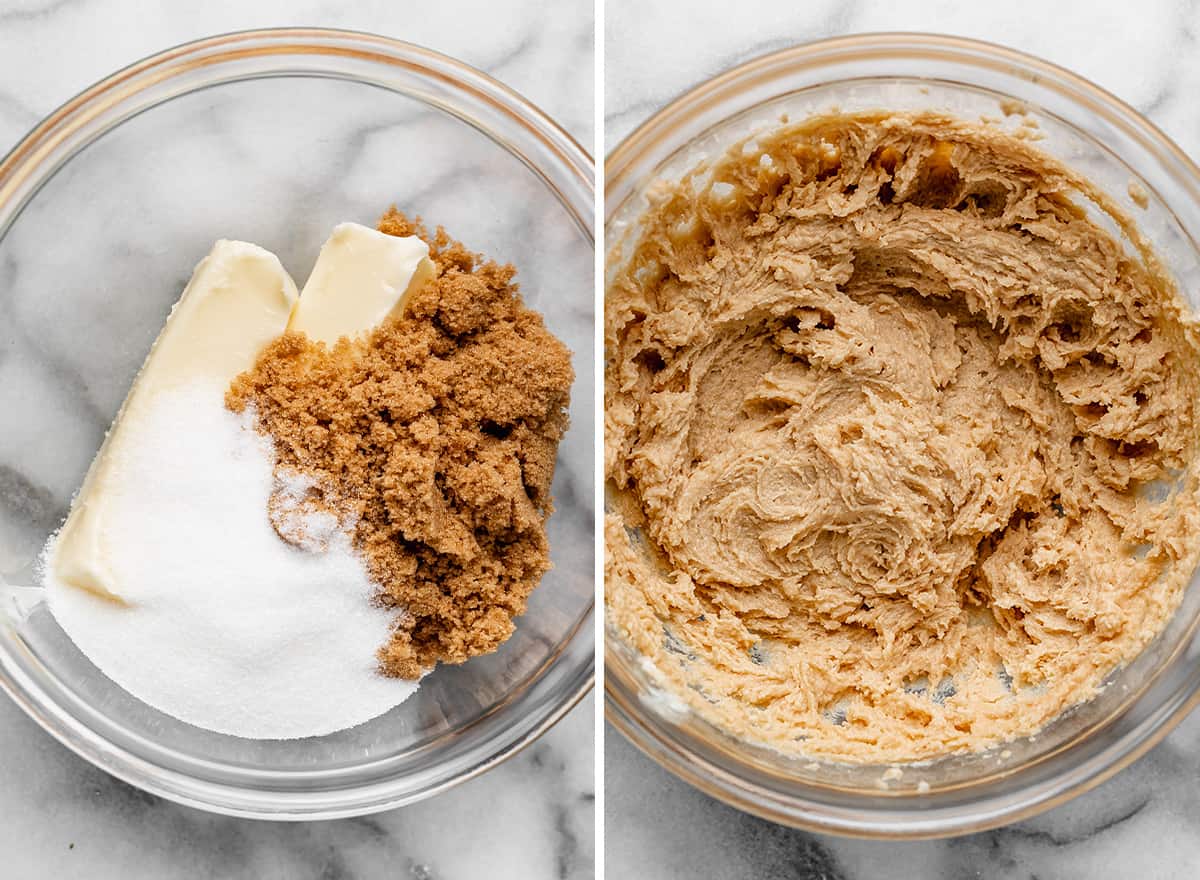 two photos showing how to make Homemade Oatmeal Cream Pies - beating together butter and sugars